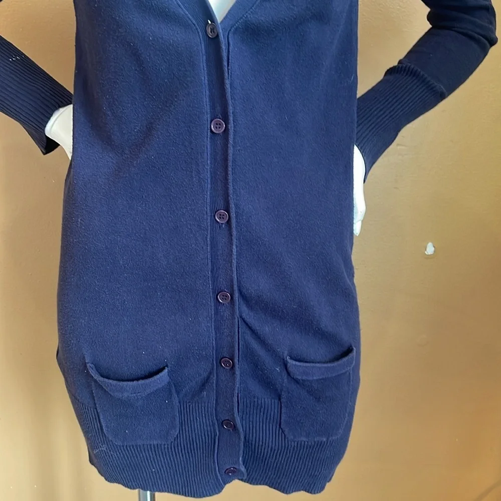 ZARA Long fine knit Navy Blue Button-Up Cardigan Size L